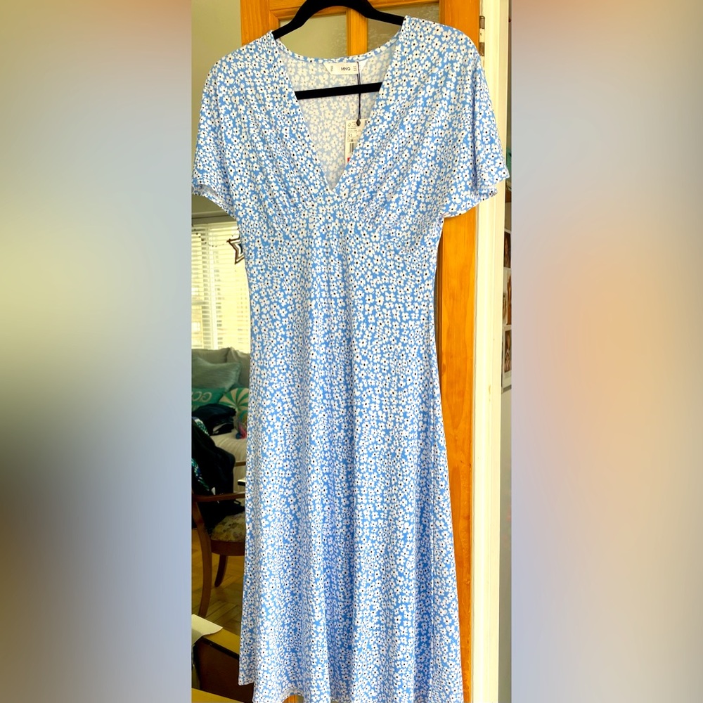 Mango blue dress with white tiny flowers